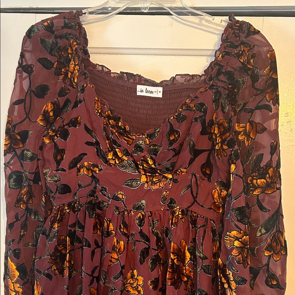 Women’s Floral Velvet Burnout Dress Chocolate Brown Medium Dark Romantic Boho